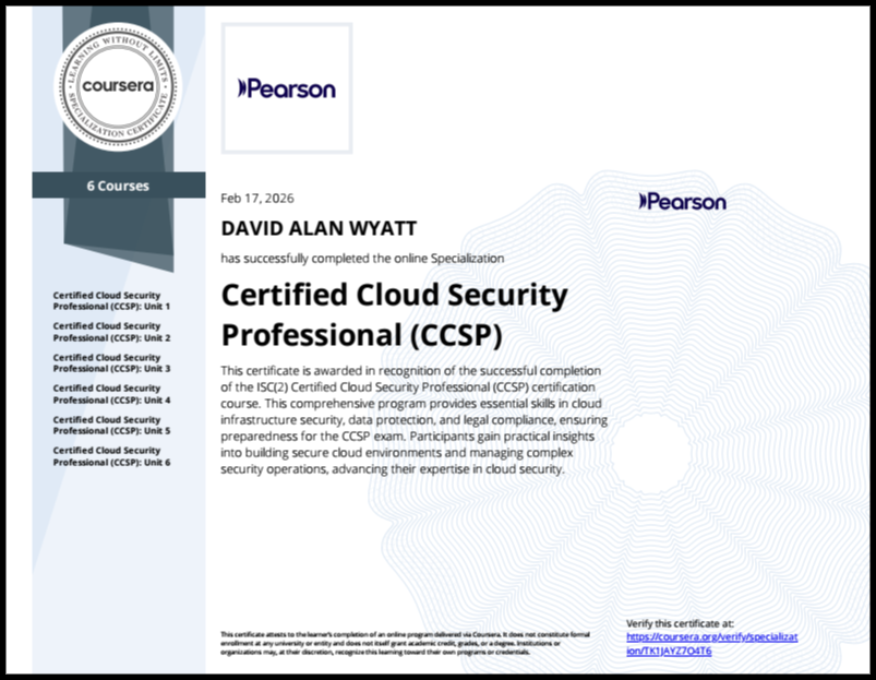 Coursera Pearson Certified Cloud Security Professional (CCSP) Certificate